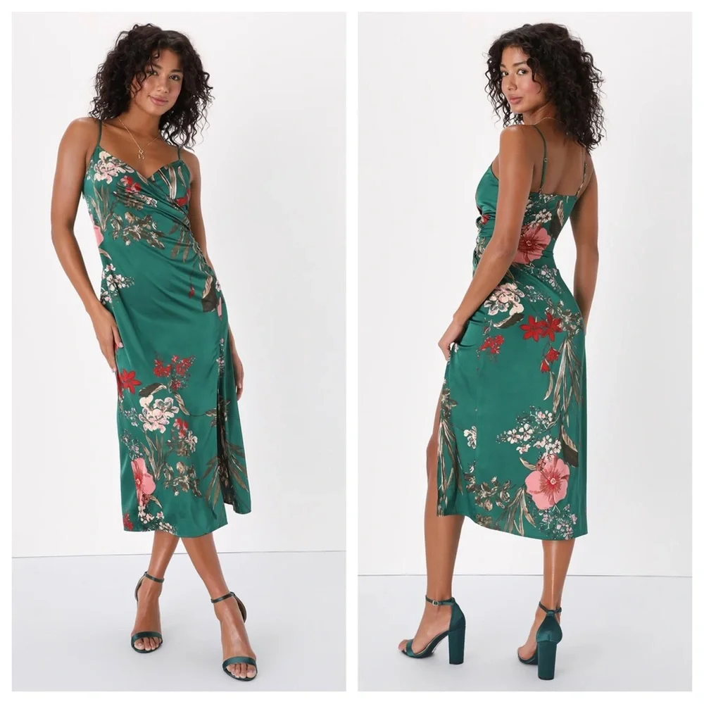 NWOT Lulus Remarkable Entrance Emerald Green Floral Print Satin Midi Dress